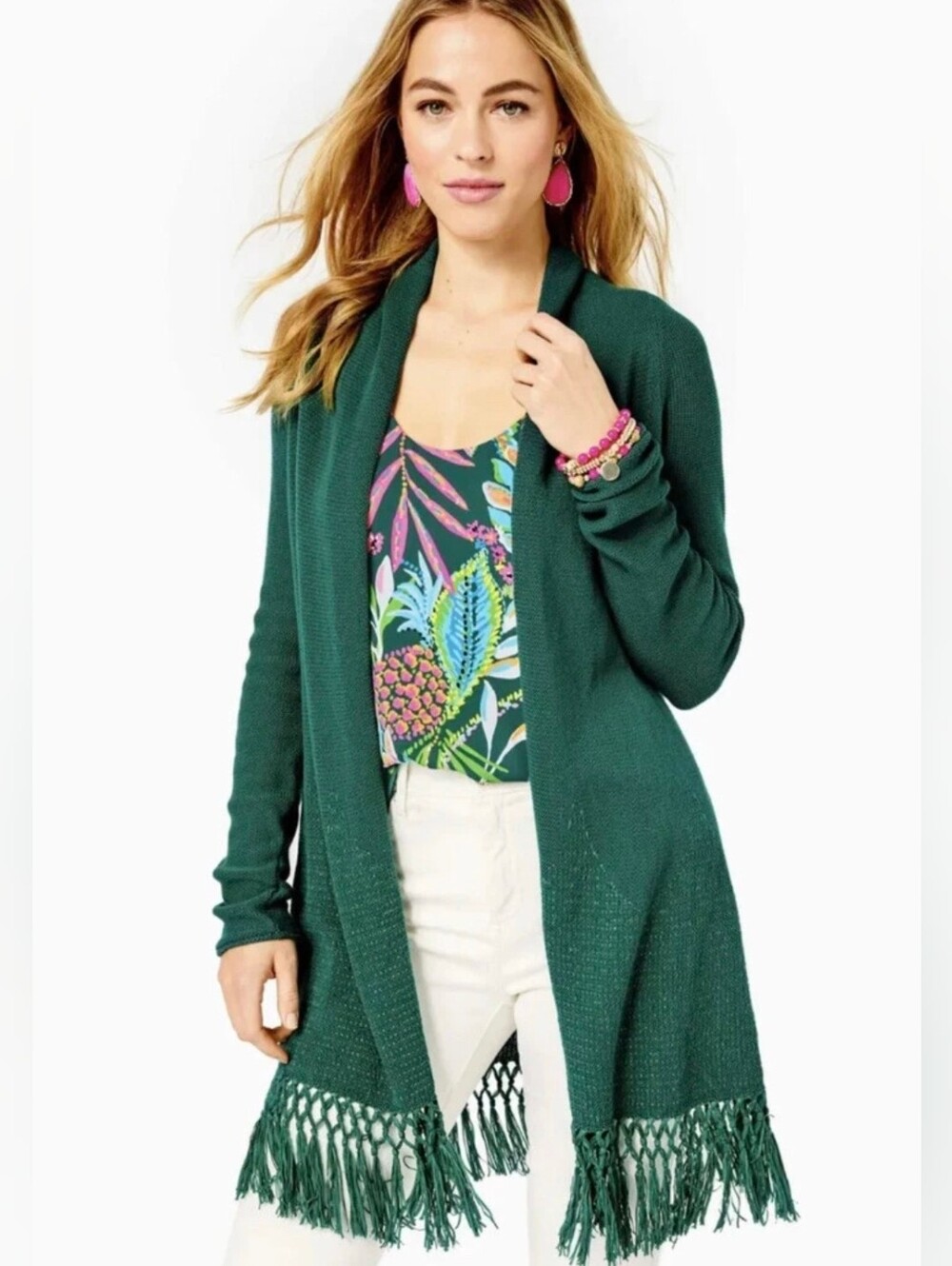 Lilly Pulitzer Tatum Long Fringe Hem Cardigan Hosta Green Size Medium